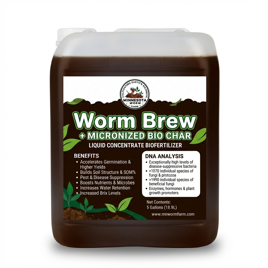 Worm Brew + Micronized Biochar – Lab Tested Living Soil Biofertilizer | Covers 10 Acres | 5 Gallons