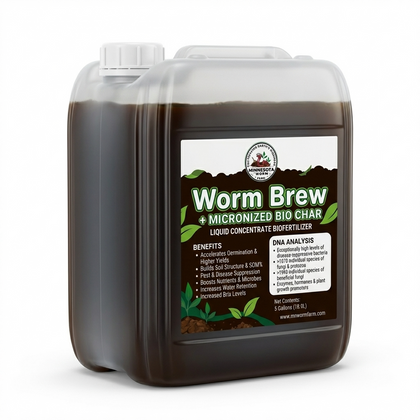 Worm Brew + Micronized Biochar – Lab Tested Living Soil Biofertilizer | Covers 10 Acres | 5 Gallons